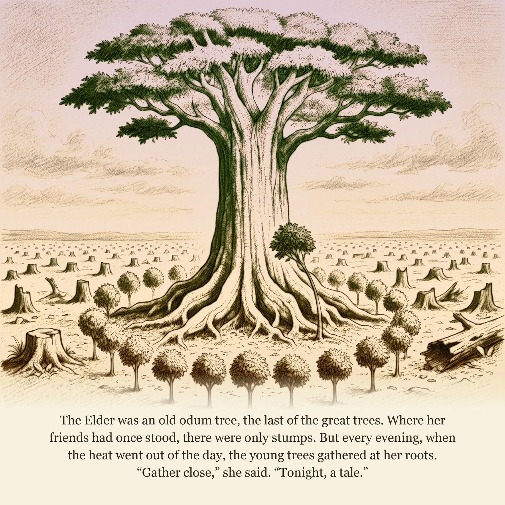 The Elder was an old odum tree, the last of the great trees. Where her friends had once stood, there were only stumps. But every evening, when the heat went out of the day, the young trees gathered at her roots. “Gather close,” she said. “Tonight, a tale.”