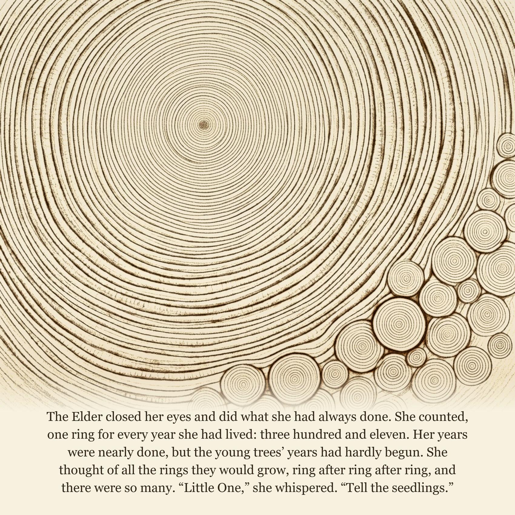 The Elder closed her eyes and did what she had always done. She counted, one ring for every year she had lived: three hundred and eleven. Her years were nearly done, but the young trees’ years had hardly begun. She thought of all the rings they would grow, ring after ring after ring, and there were so many. “Little One,” she whispered. “Tell the seedlings.”