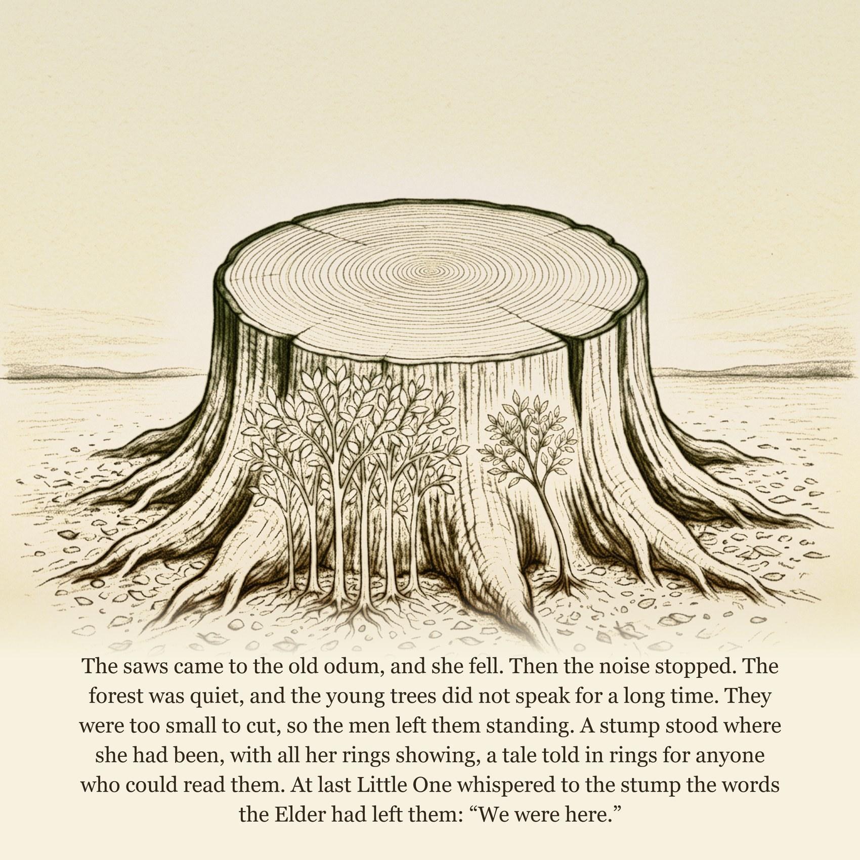 The saws came to the old odum, and she fell. Then the noise stopped. The forest was quiet, and the young trees did not speak for a long time. They were too small to cut, so the men left them standing. A stump stood where she had been, with all her rings showing, a tale told in rings for anyone who could read them. At last Little One whispered to the stump the words the Elder had left them: “We were here.”