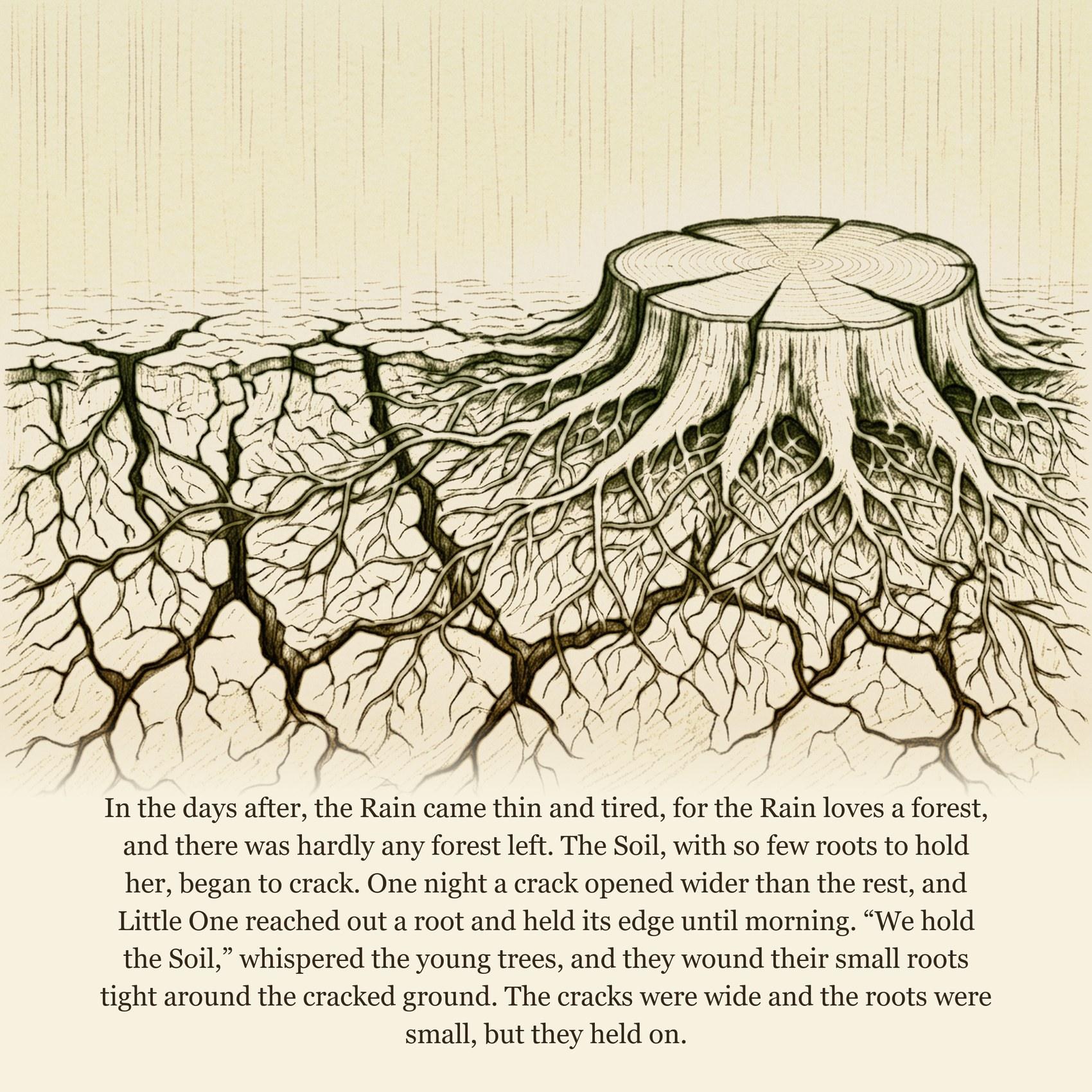 In the days after, the Rain came thin and tired, for the Rain loves a forest, and there was hardly any forest left. The Soil, with so few roots to hold her, began to crack. One night a crack opened wider than the rest, and Little One reached out a root and held its edge until morning. “We hold the Soil,” whispered the young trees, and they wound their small roots tight around the cracked ground. The cracks were wide and the roots were small, but they held on.