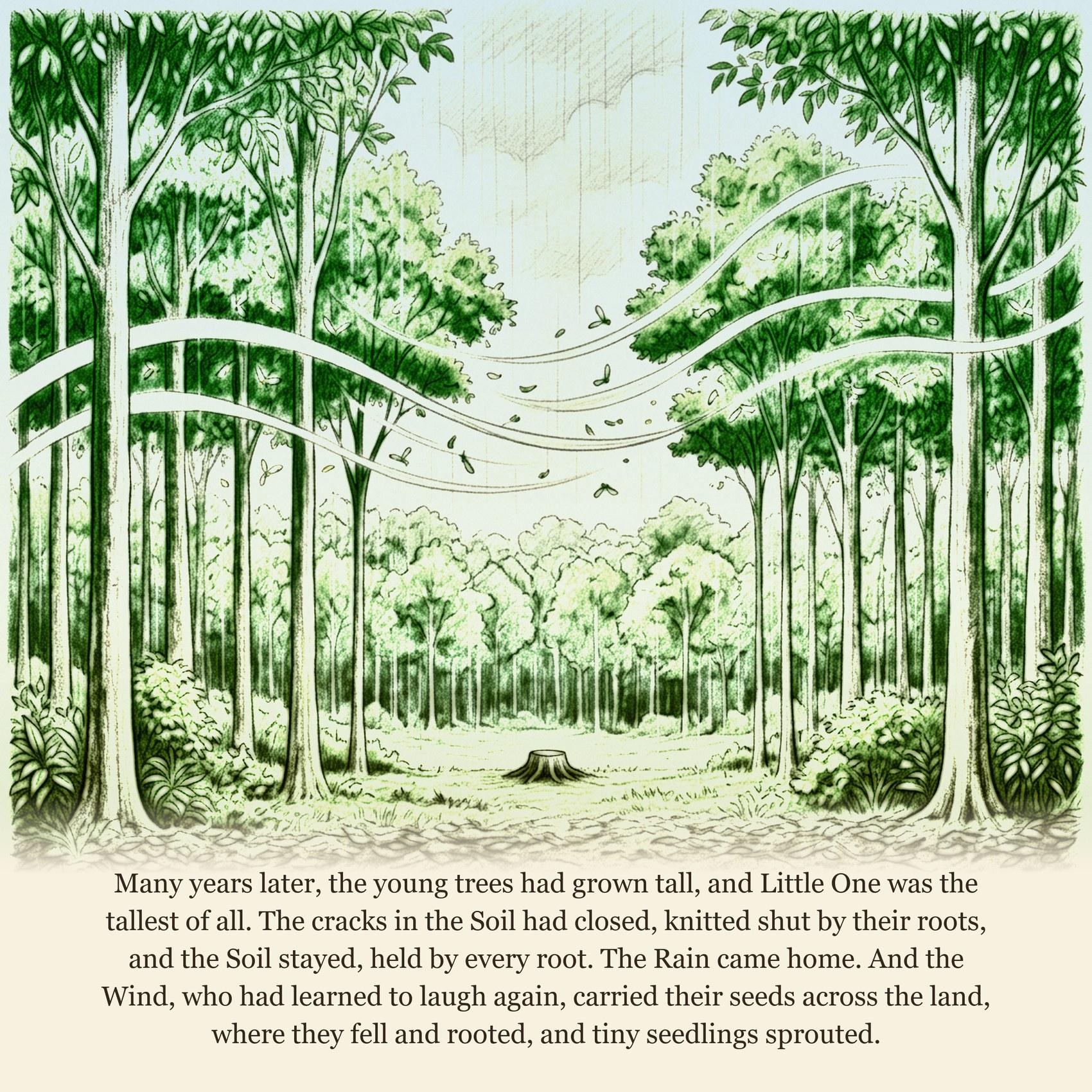 Many years later, the young trees had grown tall, and Little One was the tallest of all. The cracks in the Soil had closed, knitted shut by their roots, and the Soil stayed, held by every root. The Rain came home. And the Wind, who had learned to laugh again, carried their seeds across the land, where they fell and rooted, and tiny seedlings sprouted.