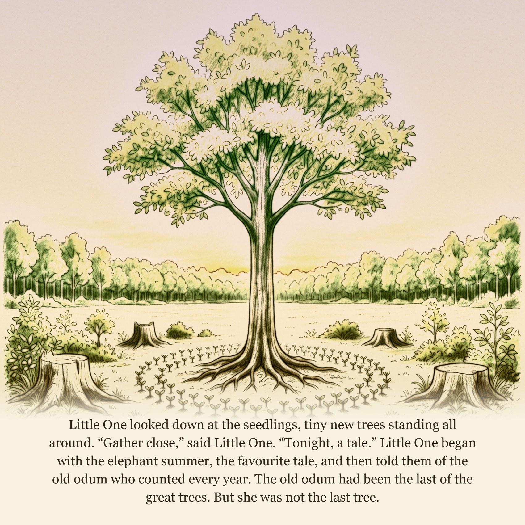 Little One looked down at the seedlings, tiny new trees standing all around. “Gather close,” said Little One. “Tonight, a tale.” Little One began with the elephant summer, the favourite tale, and then told them of the old odum who counted every year. The old odum had been the last of the great trees. But she was not the last tree.