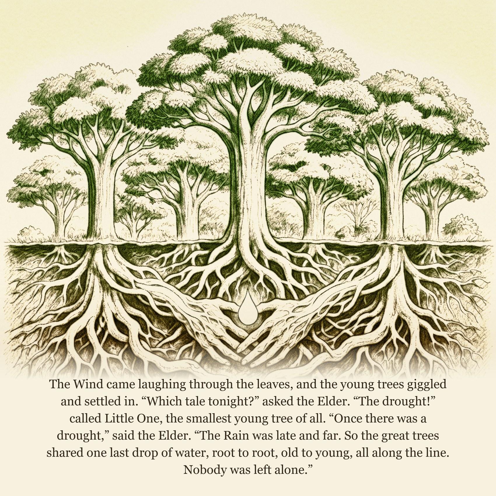 The Wind came laughing through the leaves, and the young trees giggled and settled in. “Which tale tonight?” asked the Elder. “The drought!” called Little One, the smallest young tree of all. “Once there was a drought,” said the Elder. “The Rain was late and far. So the great trees shared one last drop of water, root to root, old to young, all along the line. Nobody was left alone.”
