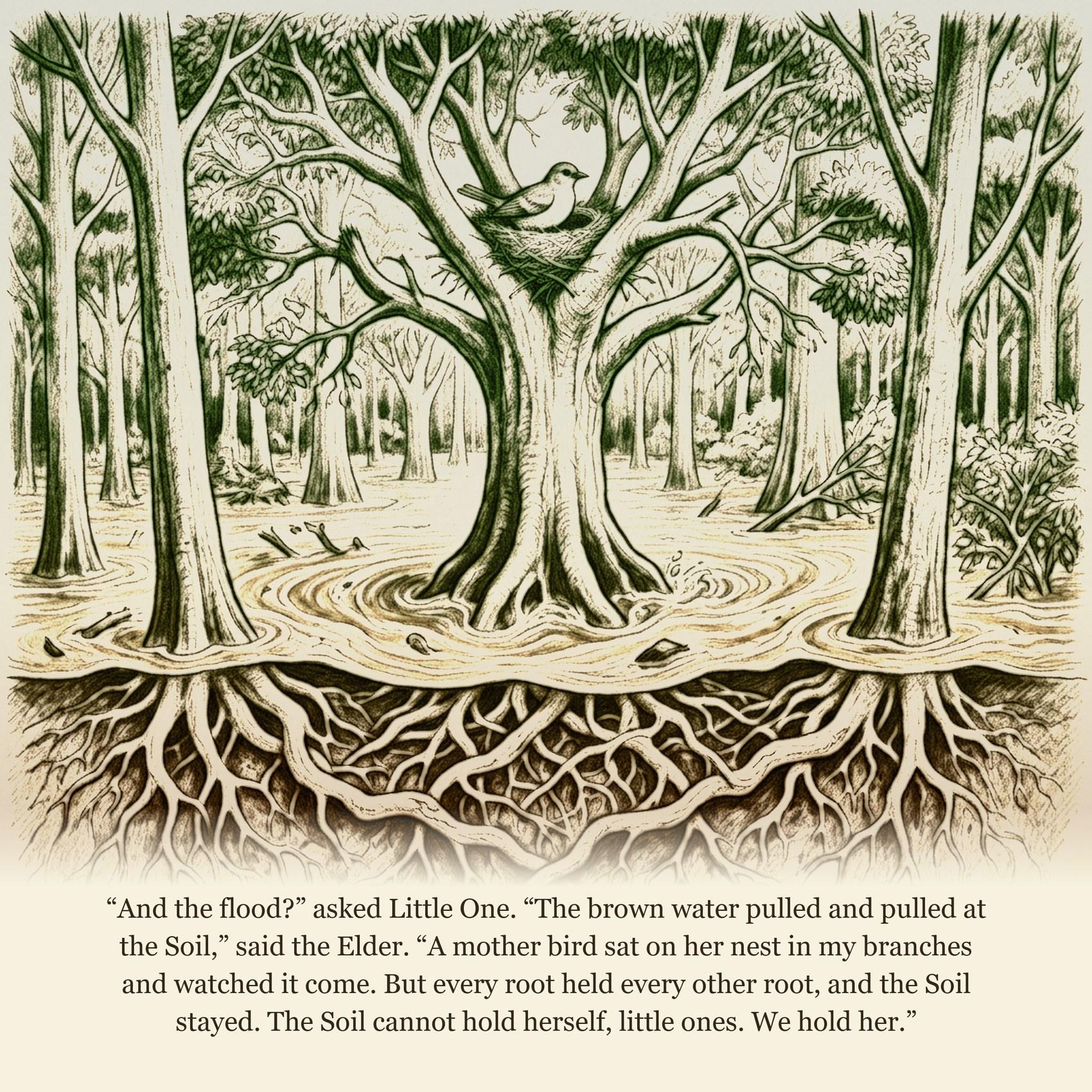 “And the flood?” asked Little One. “The brown water pulled and pulled at the Soil,” said the Elder. “A mother bird sat on her nest in my branches and watched it come. But every root held every other root, and the Soil stayed. The Soil cannot hold herself, little ones. We hold her.”
