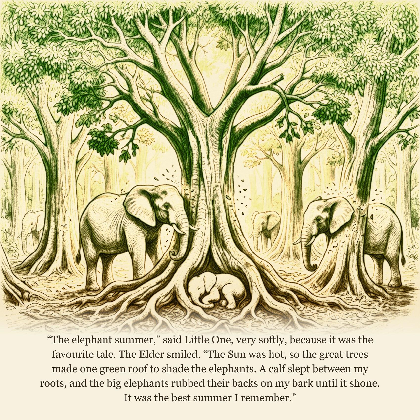 “The elephant summer,” said Little One, very softly, because it was the favourite tale. The Elder smiled. “The Sun was hot, so the great trees made one green roof to shade the elephants. A calf slept between my roots, and the big elephants rubbed their backs on my bark until it shone. It was the best summer I remember.”
