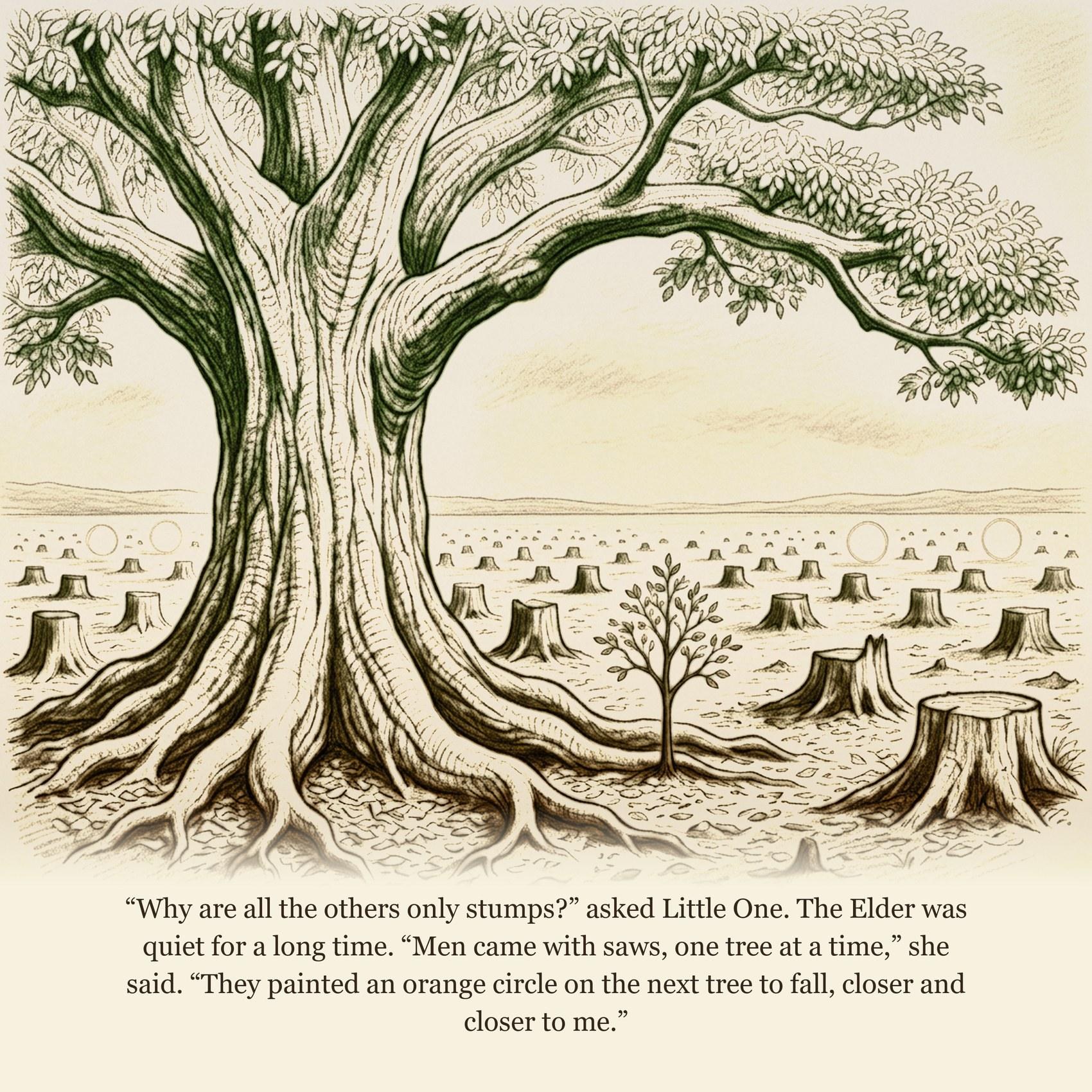 “Why are all the others only stumps?” asked Little One. The Elder was quiet for a long time. “Men came with saws, one tree at a time,” she said. “They painted an orange circle on the next tree to fall, closer and closer to me.”