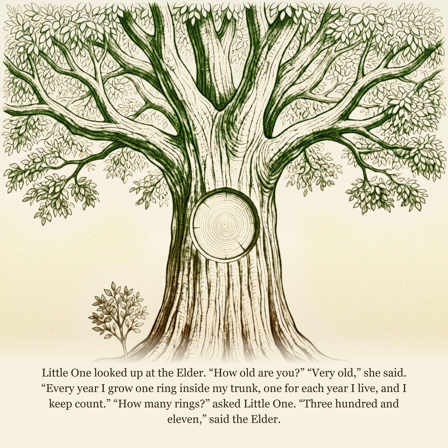 Little One looked up at the Elder. “How old are you?” “Very old,” she said. “Every year I grow one ring inside my trunk, one for each year I live, and I keep count.” “How many rings?” asked Little One. “Three hundred and eleven,” said the Elder.