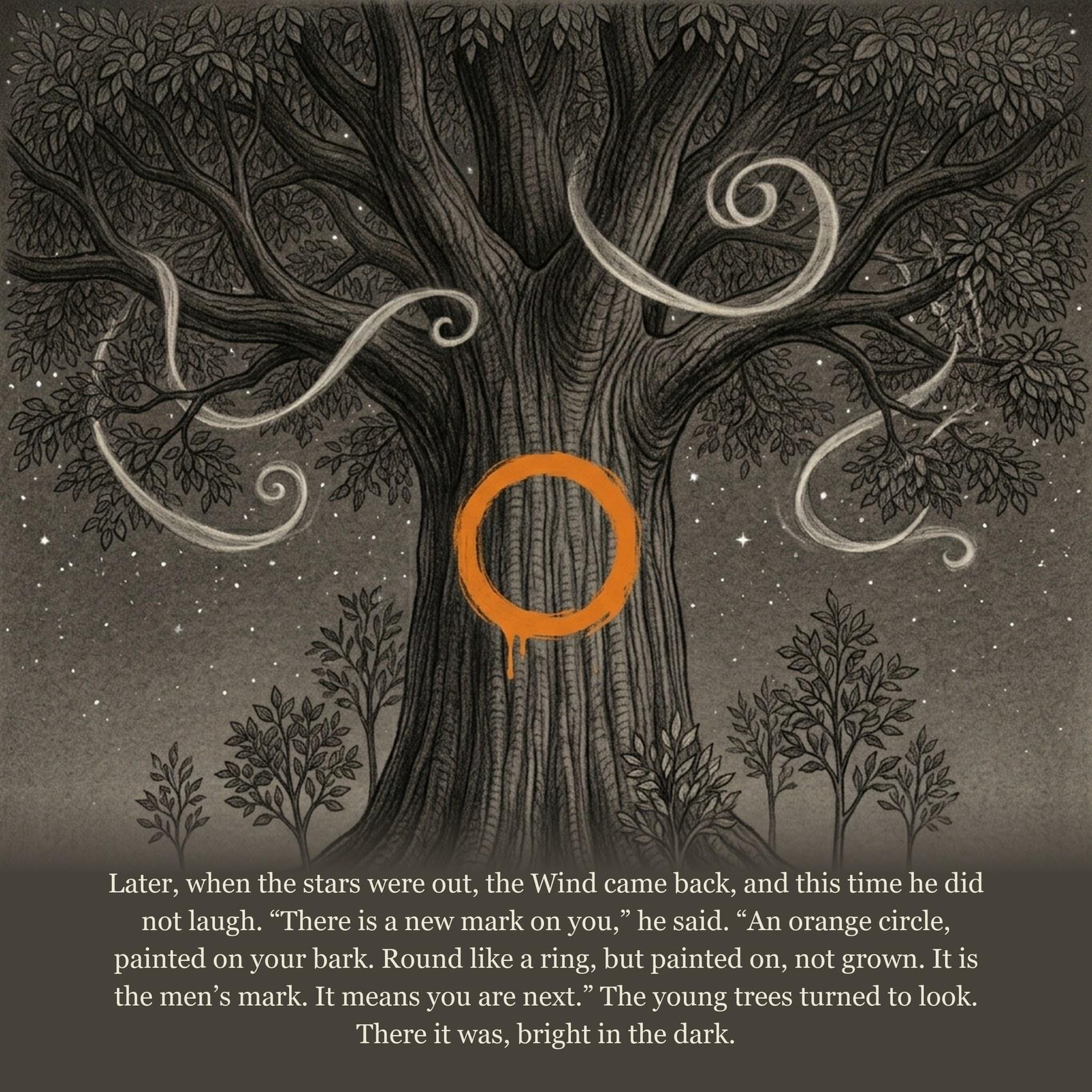 Later, when the stars were out, the Wind came back, and this time he did not laugh. “There is a new mark on you,” he said. “An orange circle, painted on your bark. Round like a ring, but painted on, not grown. It is the men’s mark. It means you are next.” The young trees turned to look. There it was, bright in the dark.