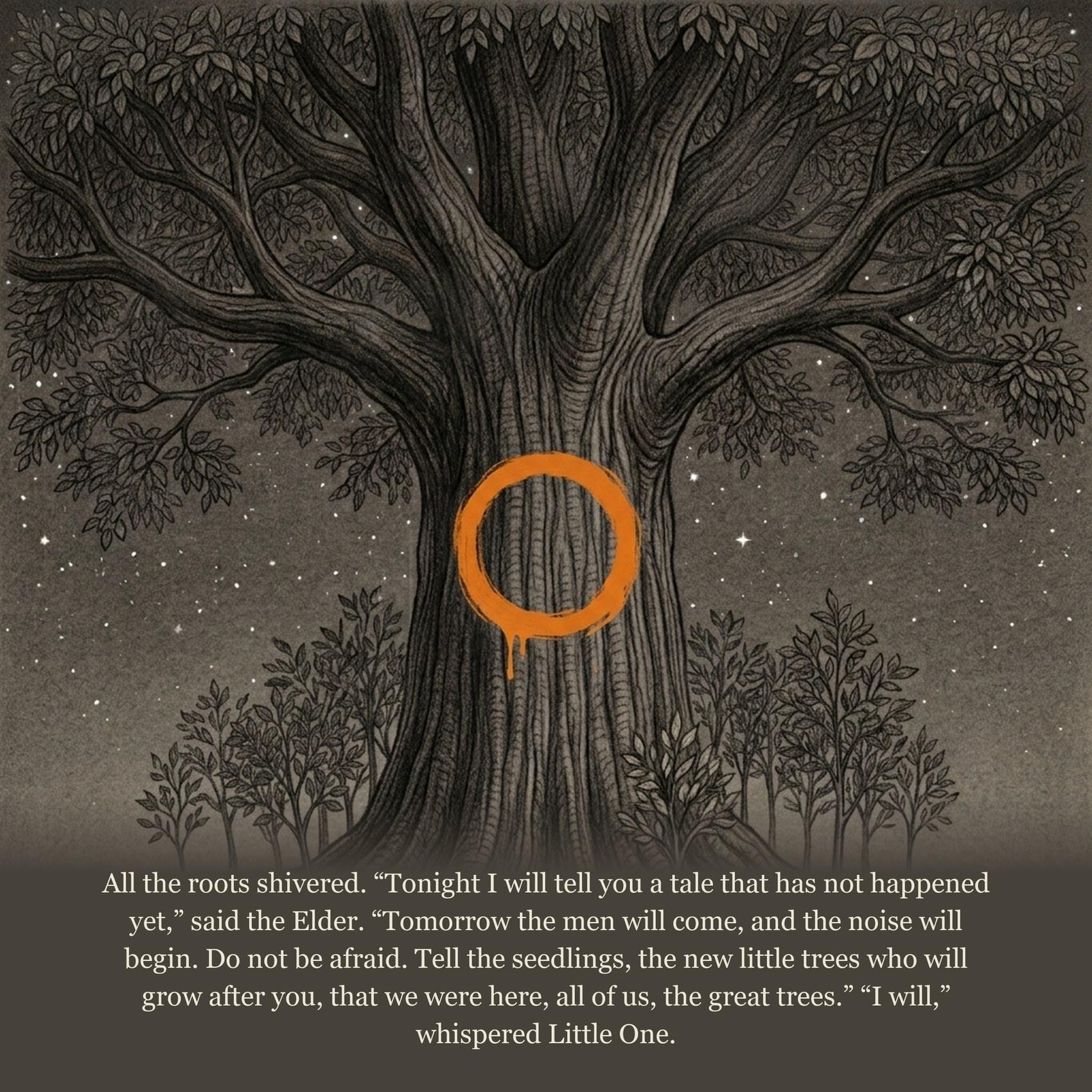 All the roots shivered. “Tonight I will tell you a tale that has not happened yet,” said the Elder. “Tomorrow the men will come, and the noise will begin. Do not be afraid. Tell the seedlings, the new little trees who will grow after you, that we were here, all of us, the great trees.” “I will,” whispered Little One.
