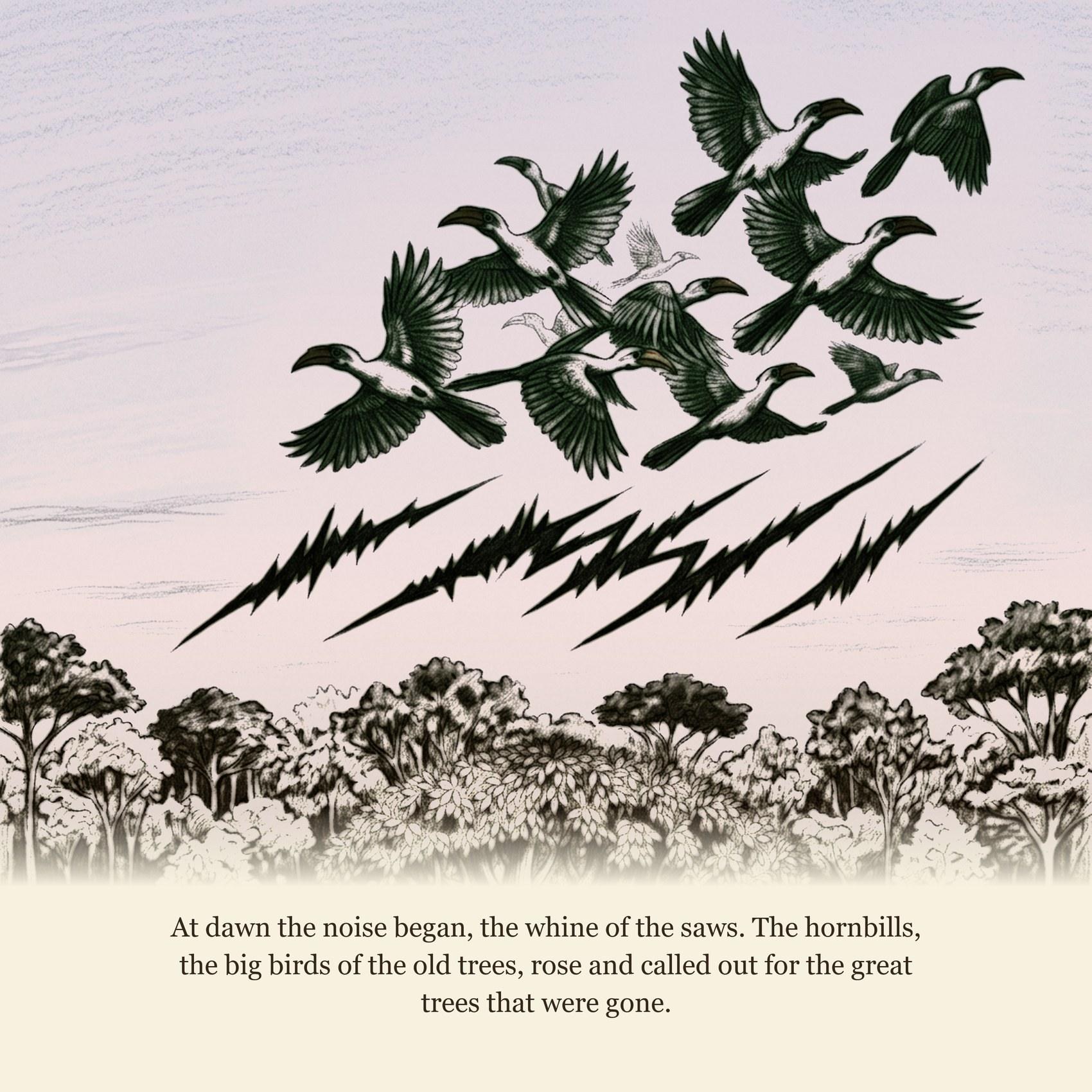 At dawn the noise began, the whine of the saws. The hornbills, the big birds of the old trees, rose and called out for the great trees that were gone.